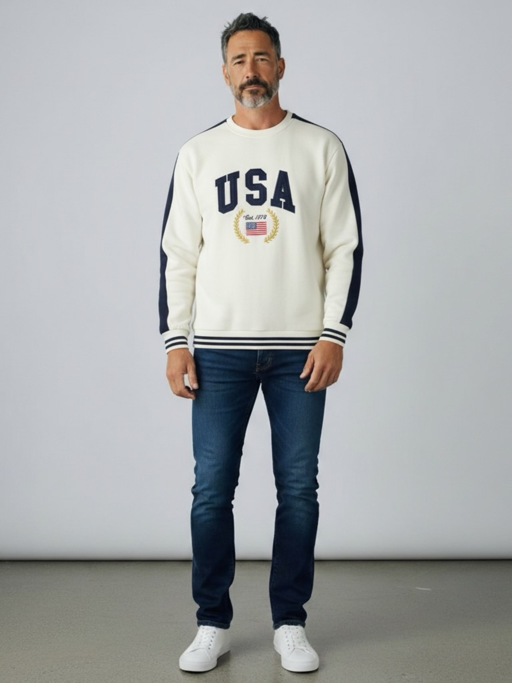 USA Crewneck Sweatshirt - White with Navy Panels